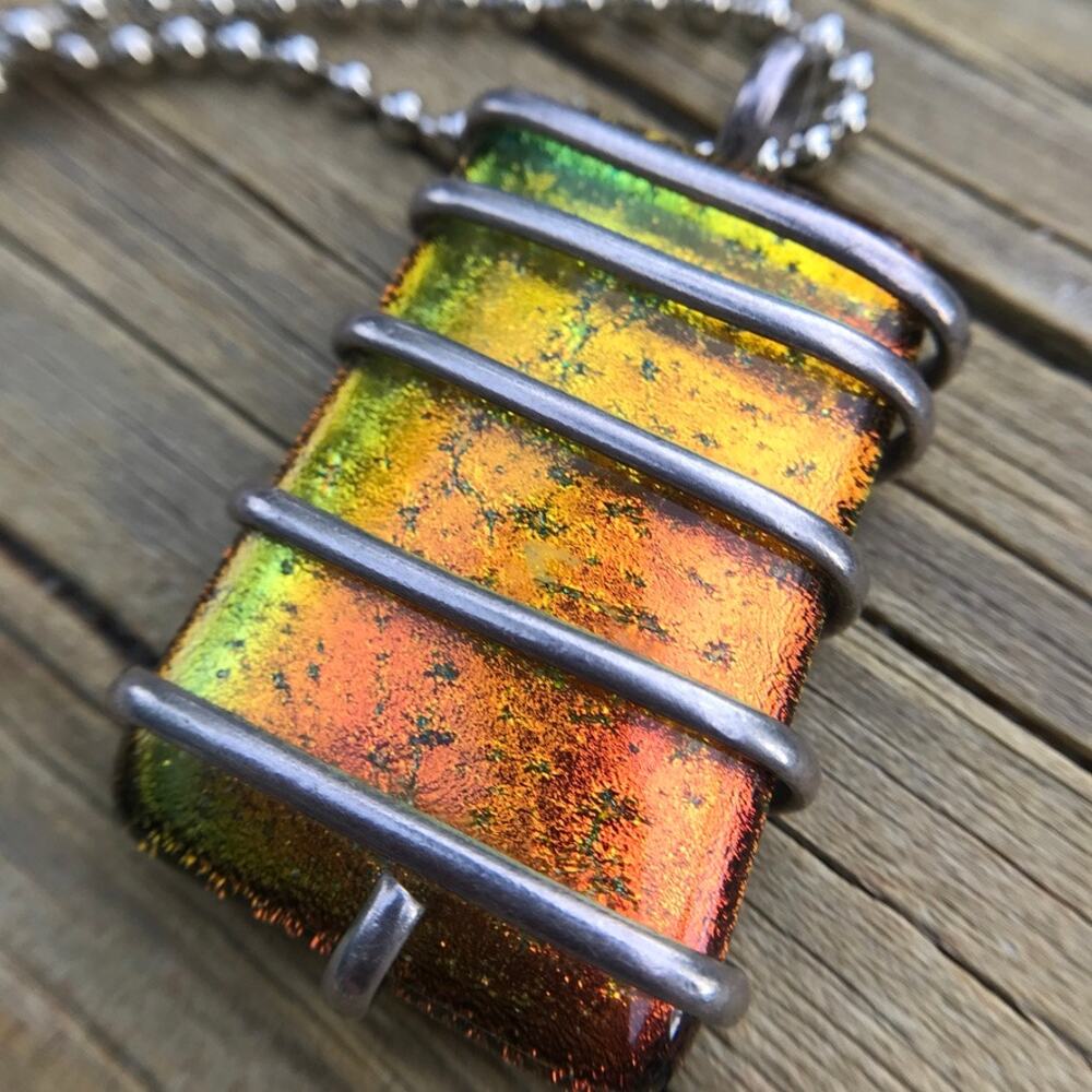 Artisan dragon's fire dichroic glass wire wrap pendant necklace
